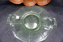 Wooden Leaf Bowl & Green Glass Serving Tray
