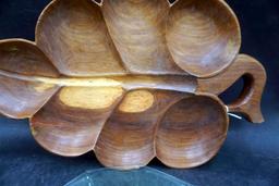 Wooden Leaf Bowl & Green Glass Serving Tray