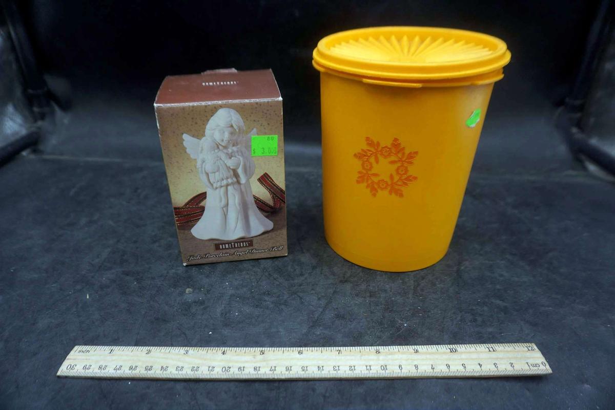 Tupperware Canister & Hometrends Jade Porcelain Angel Dinner Bell