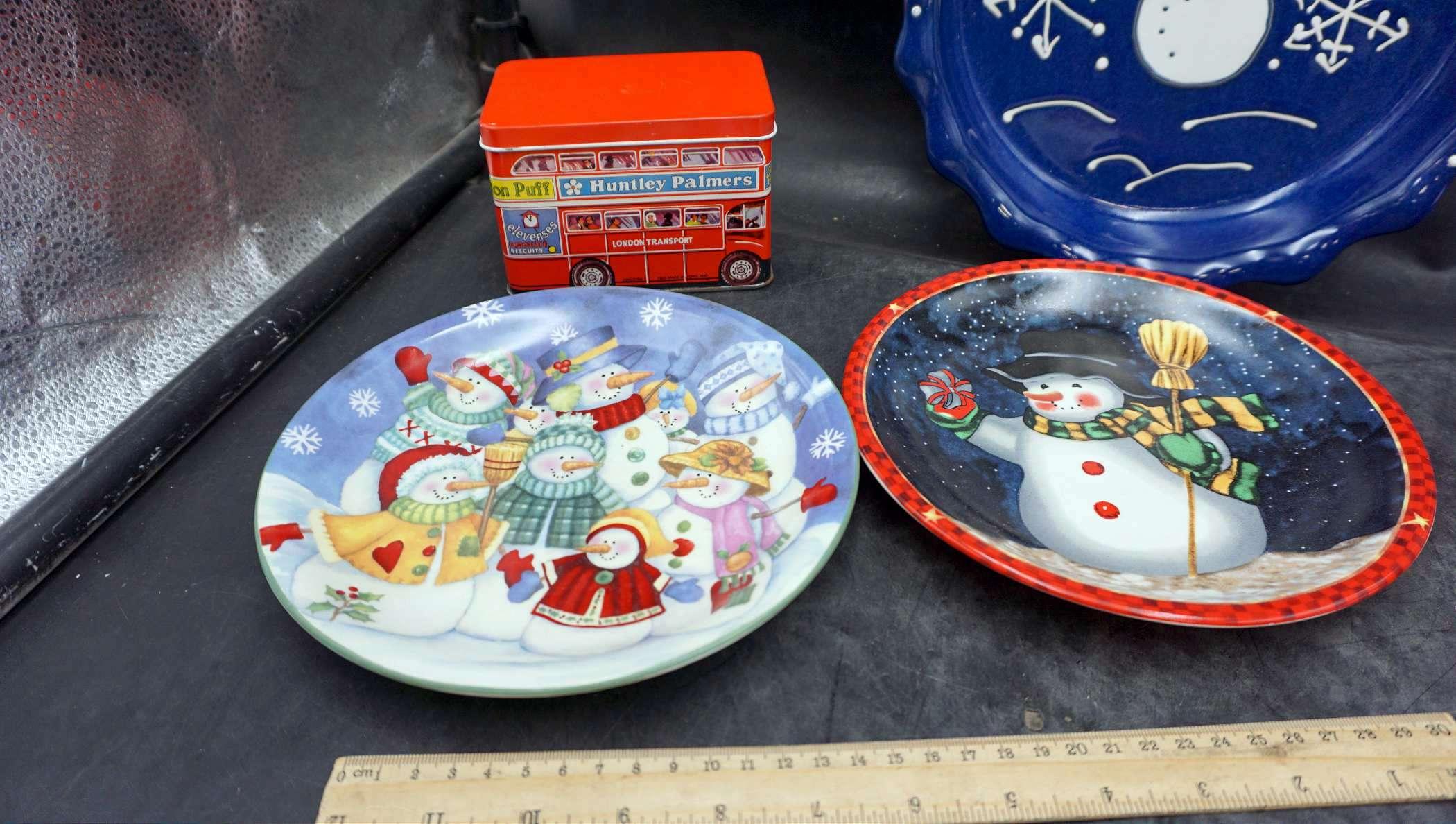 Huntley Palmers Tin Container & Snowman Pieces - Plates, Pie Pan & Mugs