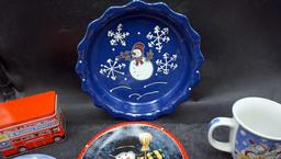 Huntley Palmers Tin Container & Snowman Pieces - Plates, Pie Pan & Mugs