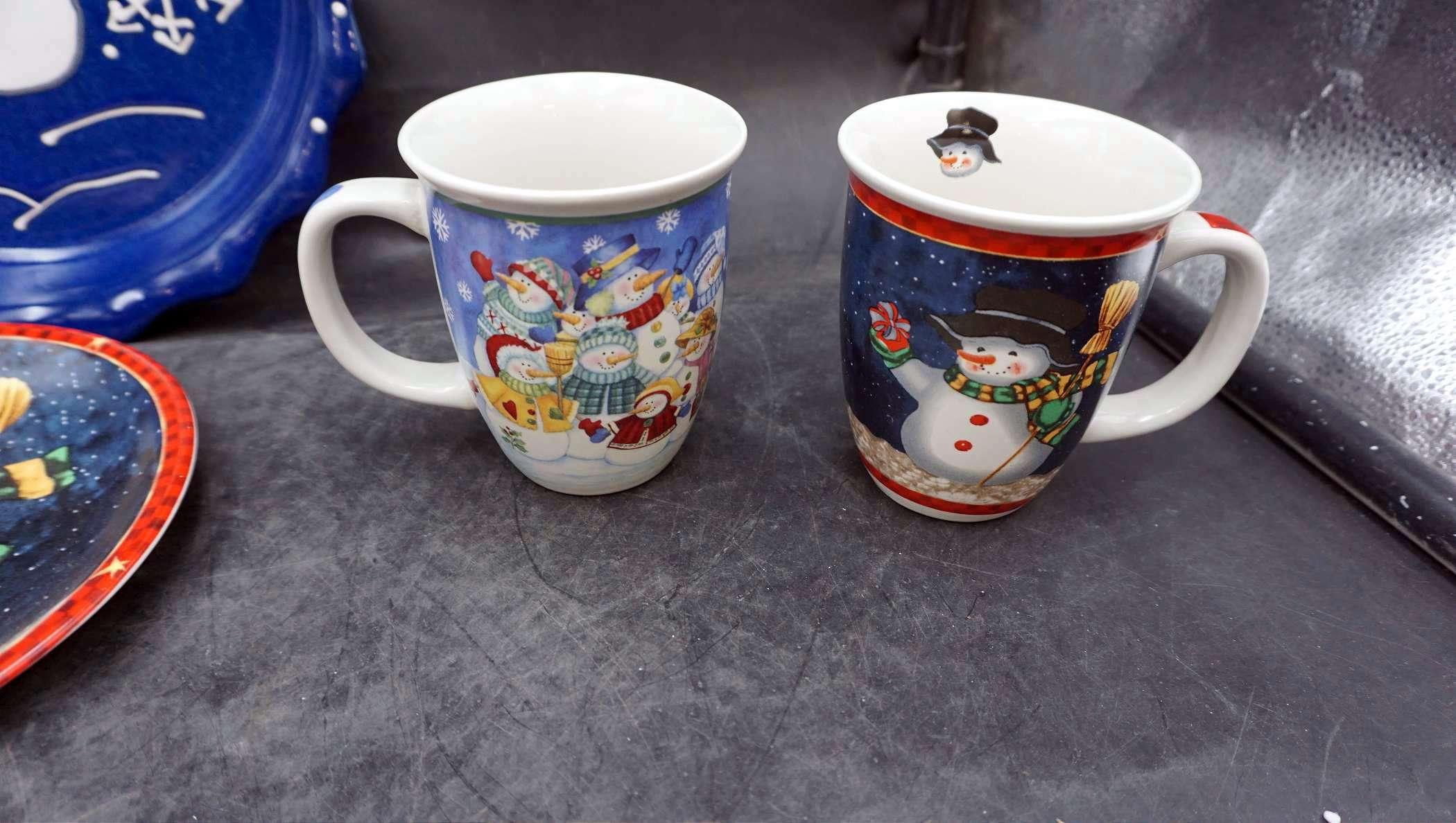 Huntley Palmers Tin Container & Snowman Pieces - Plates, Pie Pan & Mugs