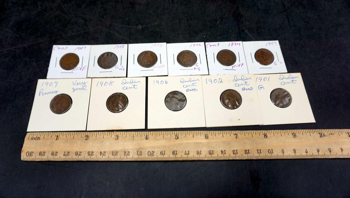 10 Indian Head Pennies - 1894, 1901, 1902, 1905, 1906 X2, 1907 X2, 1908 X2