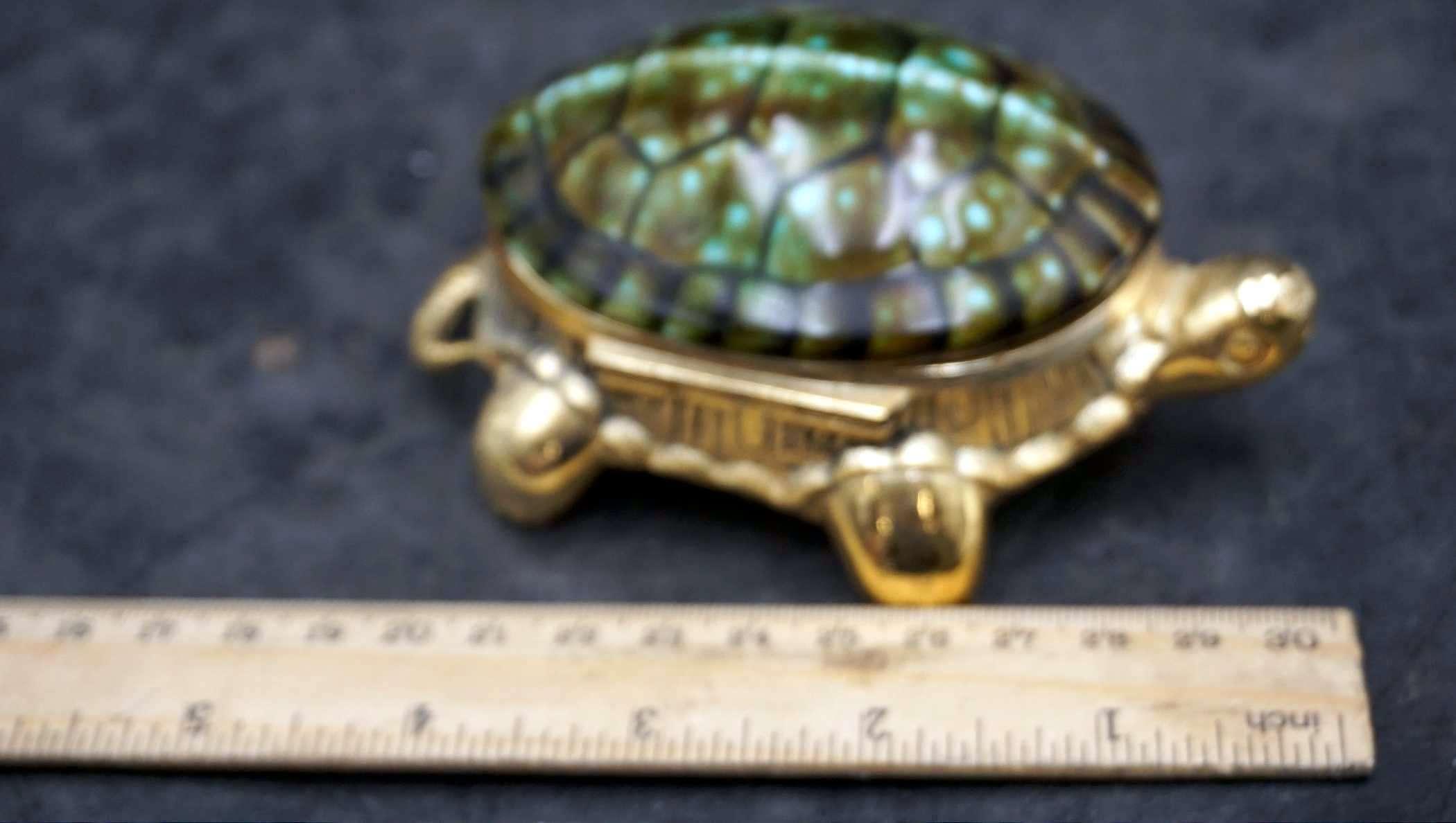 Vintage Metal And Green Turtle Trinket Box