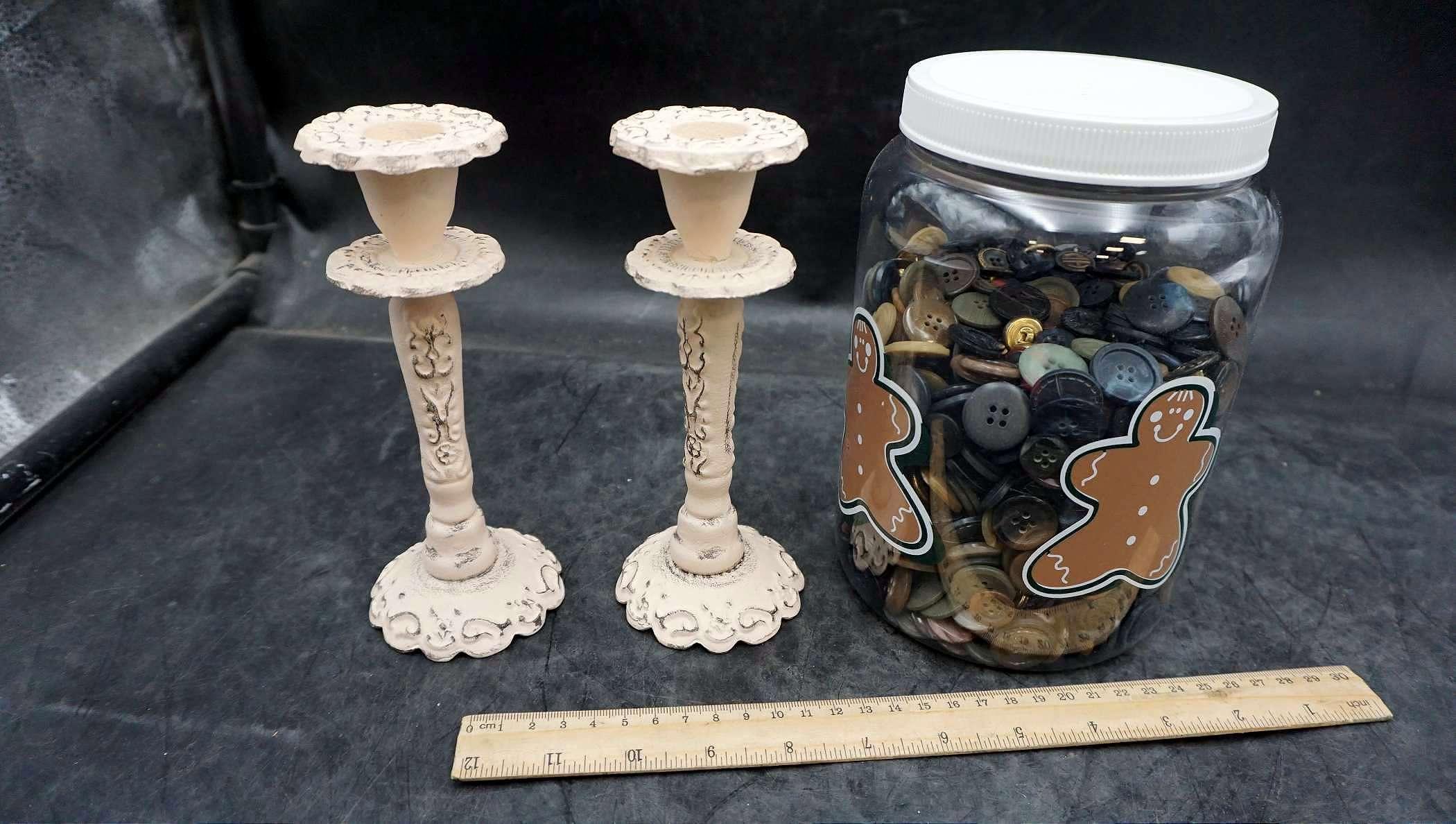 Candlestick Holders & Container Of Buttons