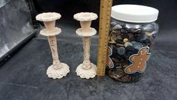 Candlestick Holders & Container Of Buttons