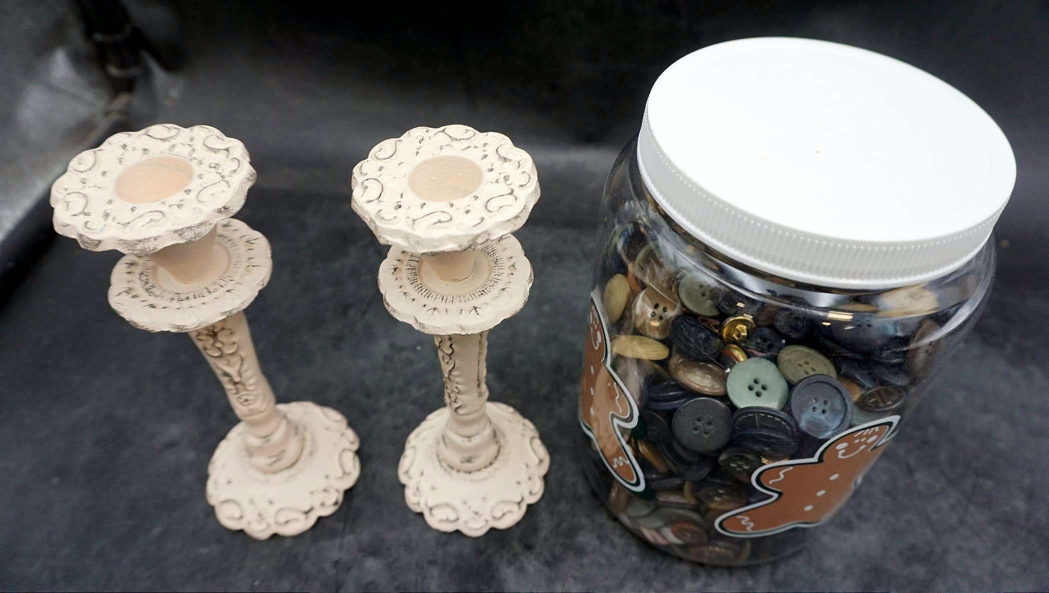 Candlestick Holders & Container Of Buttons