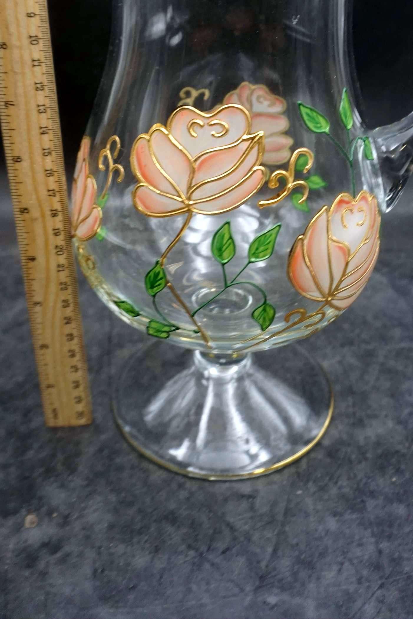 Painted Flower Glass Pitcher