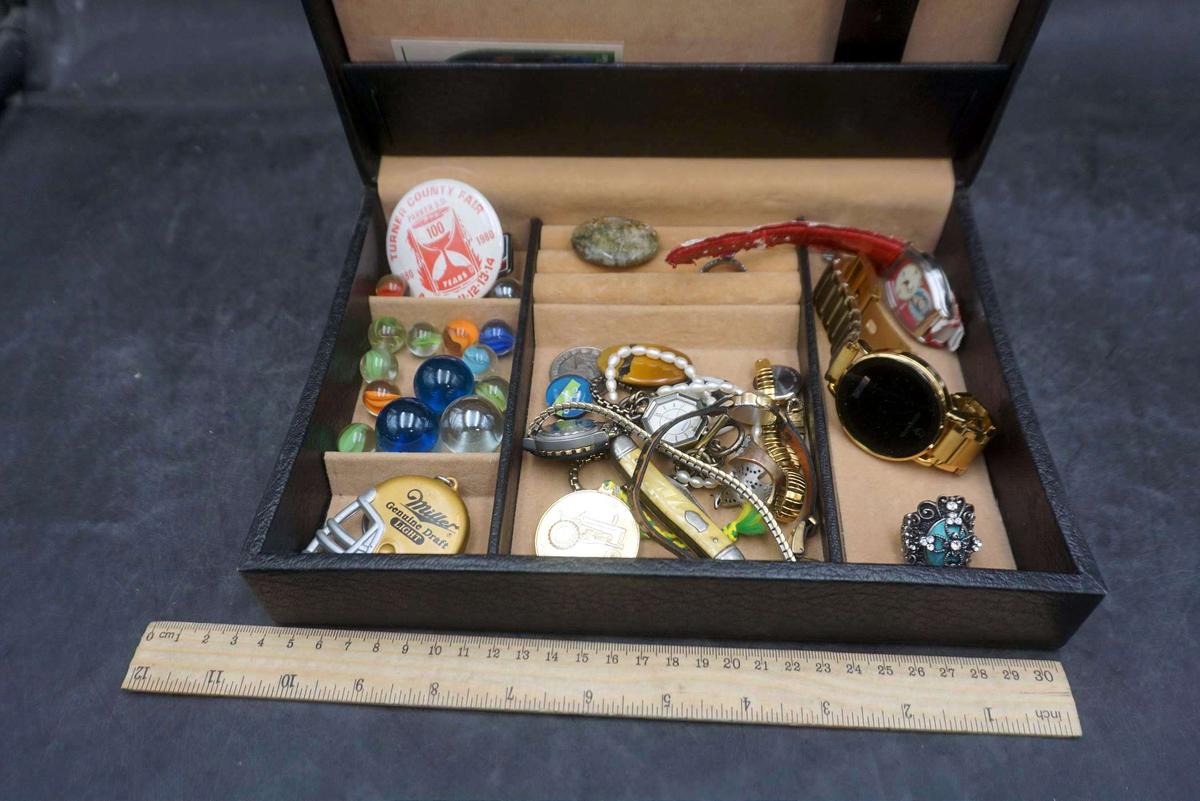 Jewelry Box W/ Marbles, Buttons, Jewelry, Watches, Stones, Knife & Keychain