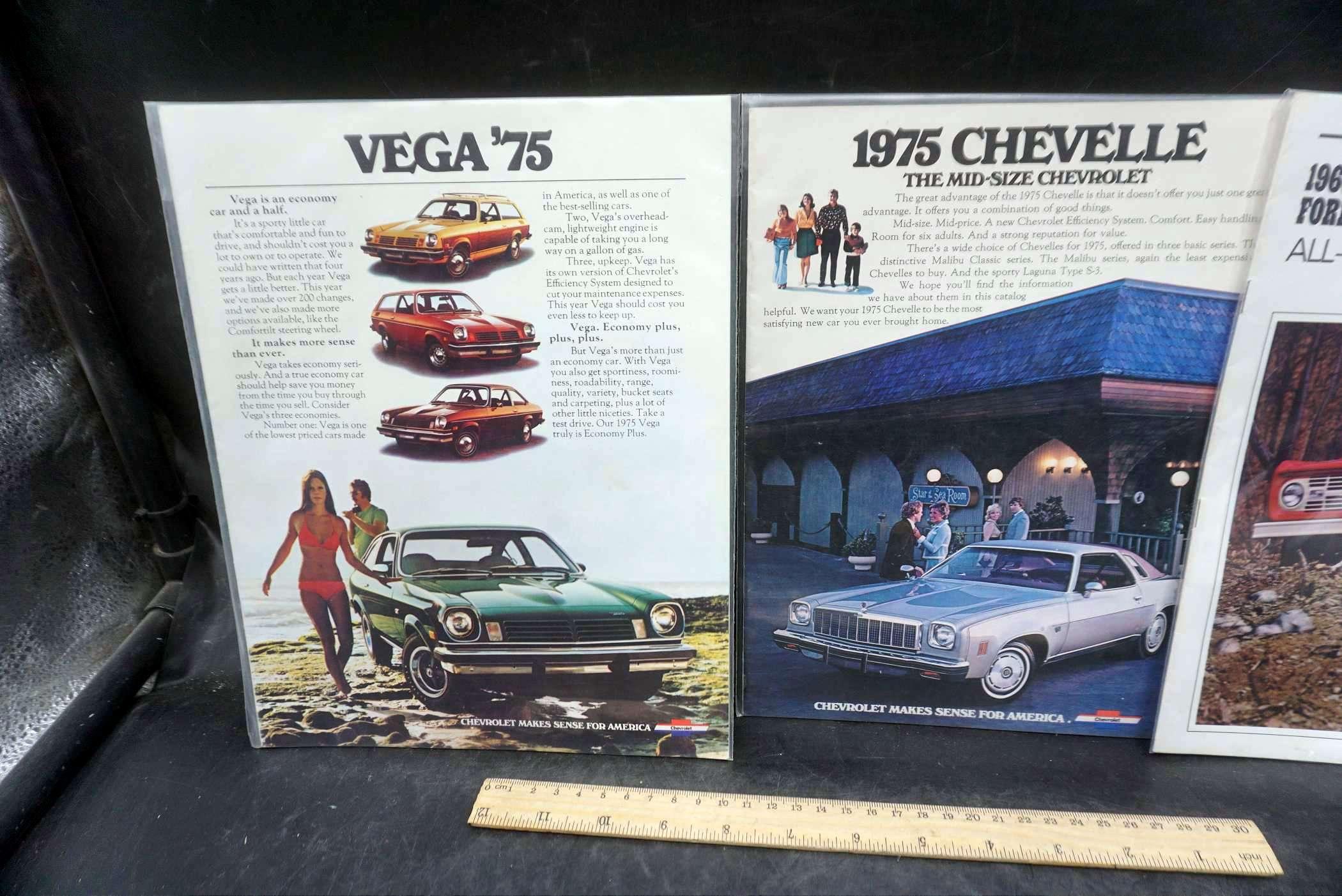 3 Vehicle Advertising Pieces - Vega '75, 1975 Chevelle & 1966 Ford Bronco
