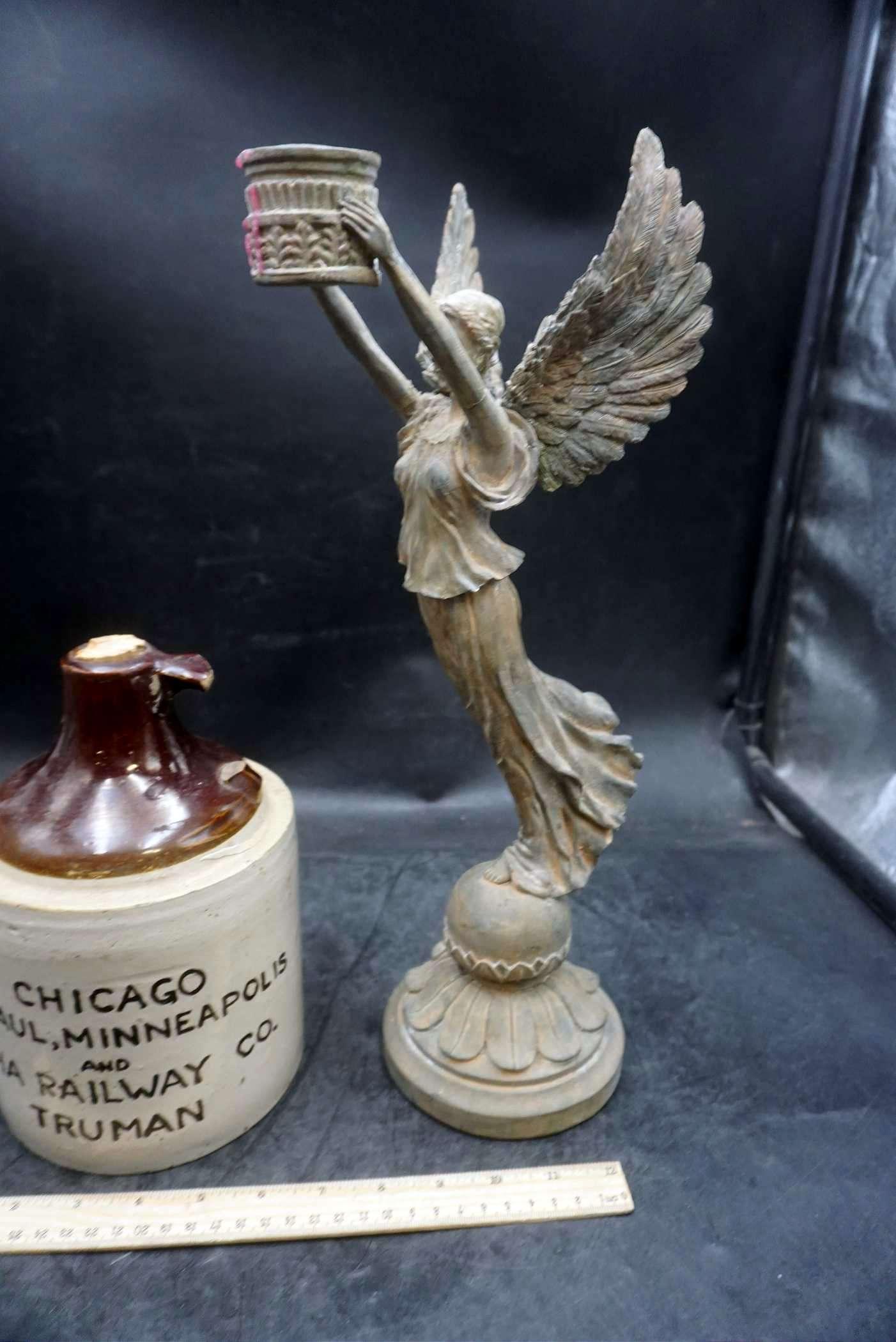 Thumb Jug (Handle Is Broken & Chipped All Over) & Angel Candlestick Holder Statue