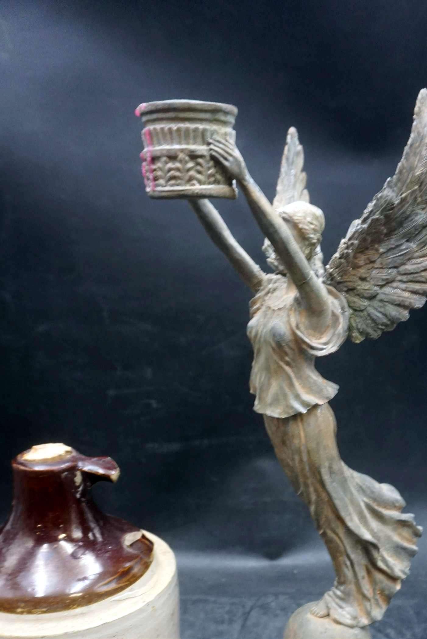 Thumb Jug (Handle Is Broken & Chipped All Over) & Angel Candlestick Holder Statue