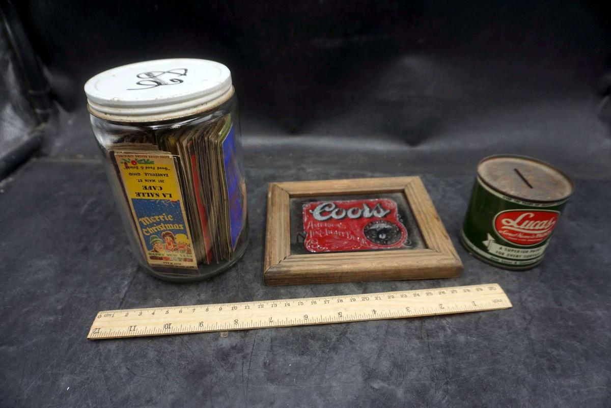 Luca'S Metal Bank, Framed Coors Sign & Advertising Matchbooks