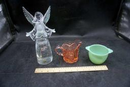 Pink Glass Creamer, Fire-King Jadite Sugar Bowl & Glass Angel