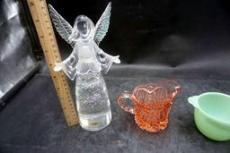 Pink Glass Creamer, Fire-King Jadite Sugar Bowl & Glass Angel