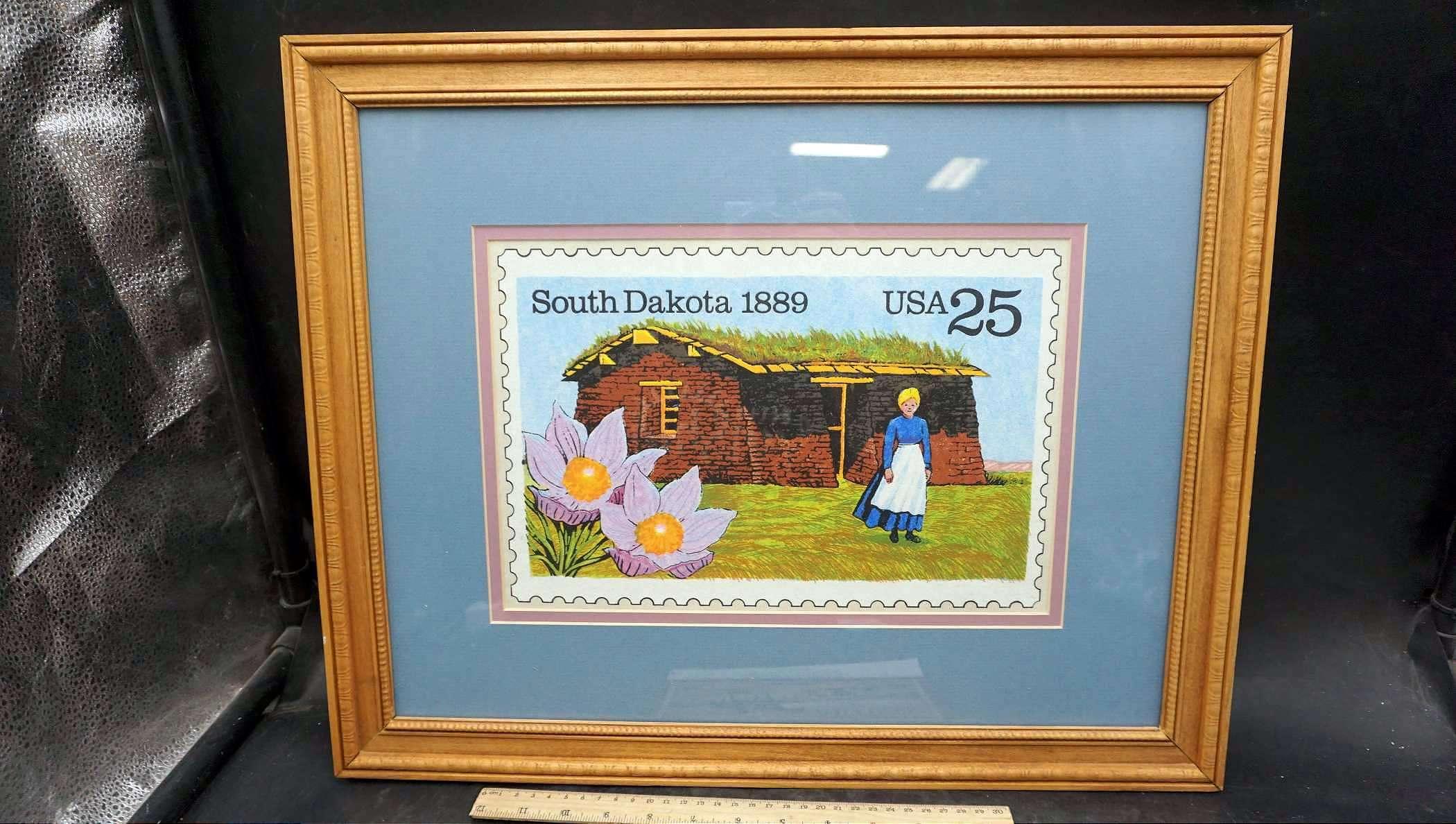 Framed South Dakota 1889 U.S.A. 25 Stamp Picture & Cowboy Artists 2001 Calendar