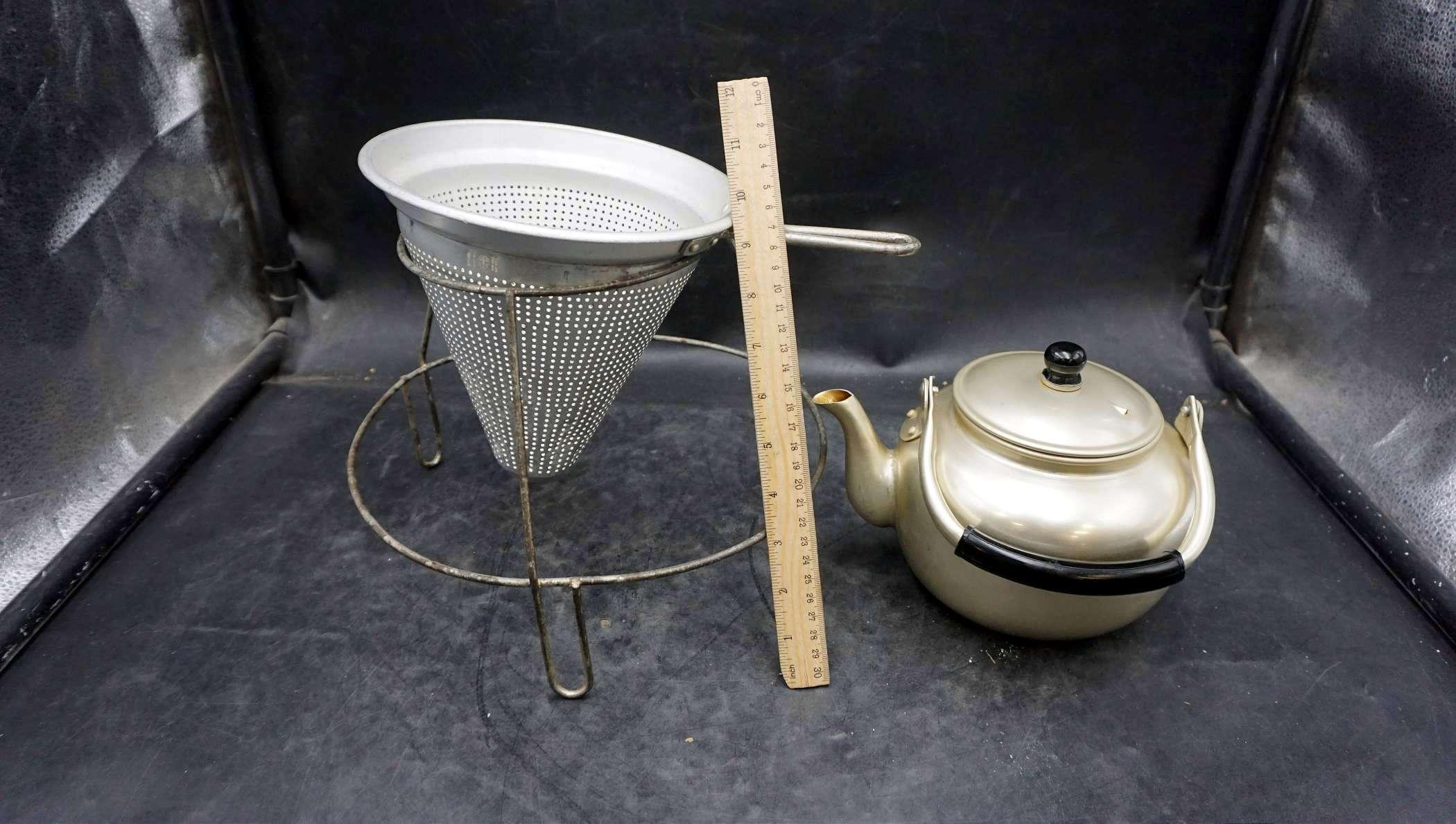 Teapot, Strainer & Metal Stand