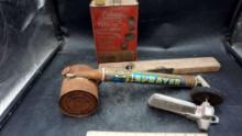 Coleman Fuel Can, Master Sprayer, Wooden Level & Metal Tractor (Missing Wheels)