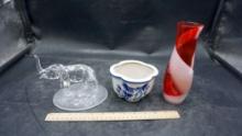 Glass Elephant Figurine, Glass Vase & Bamboo Bowl