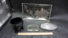 Glass Flower Picture, Footed Planter, Glass Coaster & Lazare Diamond Plaque