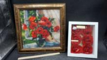 Framed Needlework Floral Picture & Shadow Box Of Roses