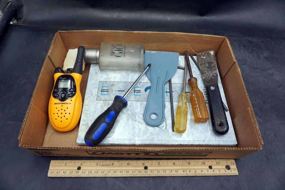 Walkie Talkie, Cologne Bottle, Scrapers, Book & Screwdrivers