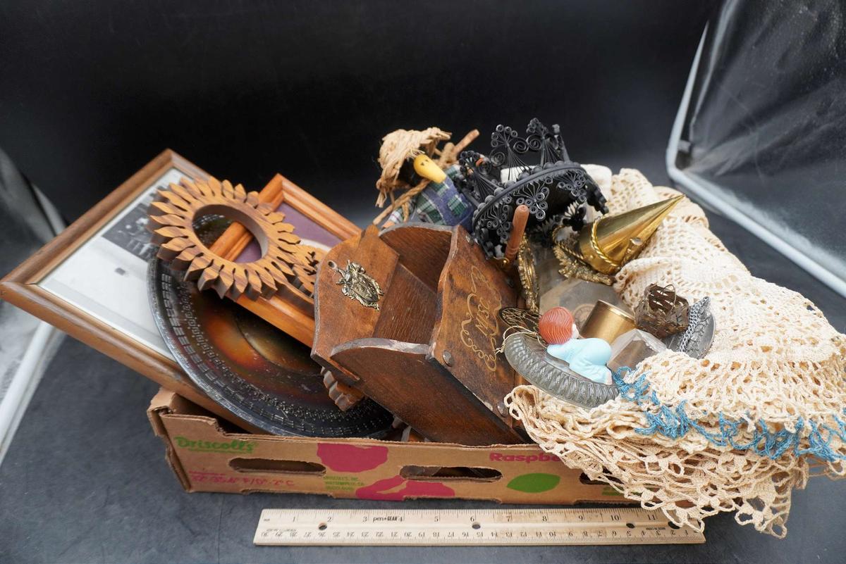 Doilies, Wooden Music Box, Figurines & Pictures