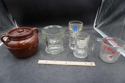 Crock Container, Beer Glasses, Pyrex Measuring Cup & Glass Dish
