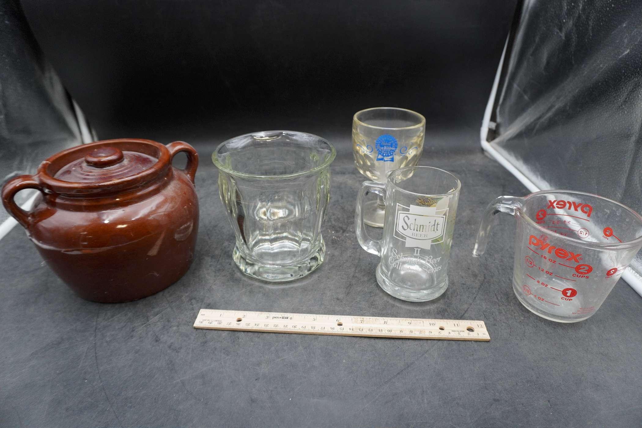 Crock Container, Beer Glasses, Pyrex Measuring Cup & Glass Dish