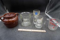 Crock Container, Beer Glasses, Pyrex Measuring Cup & Glass Dish