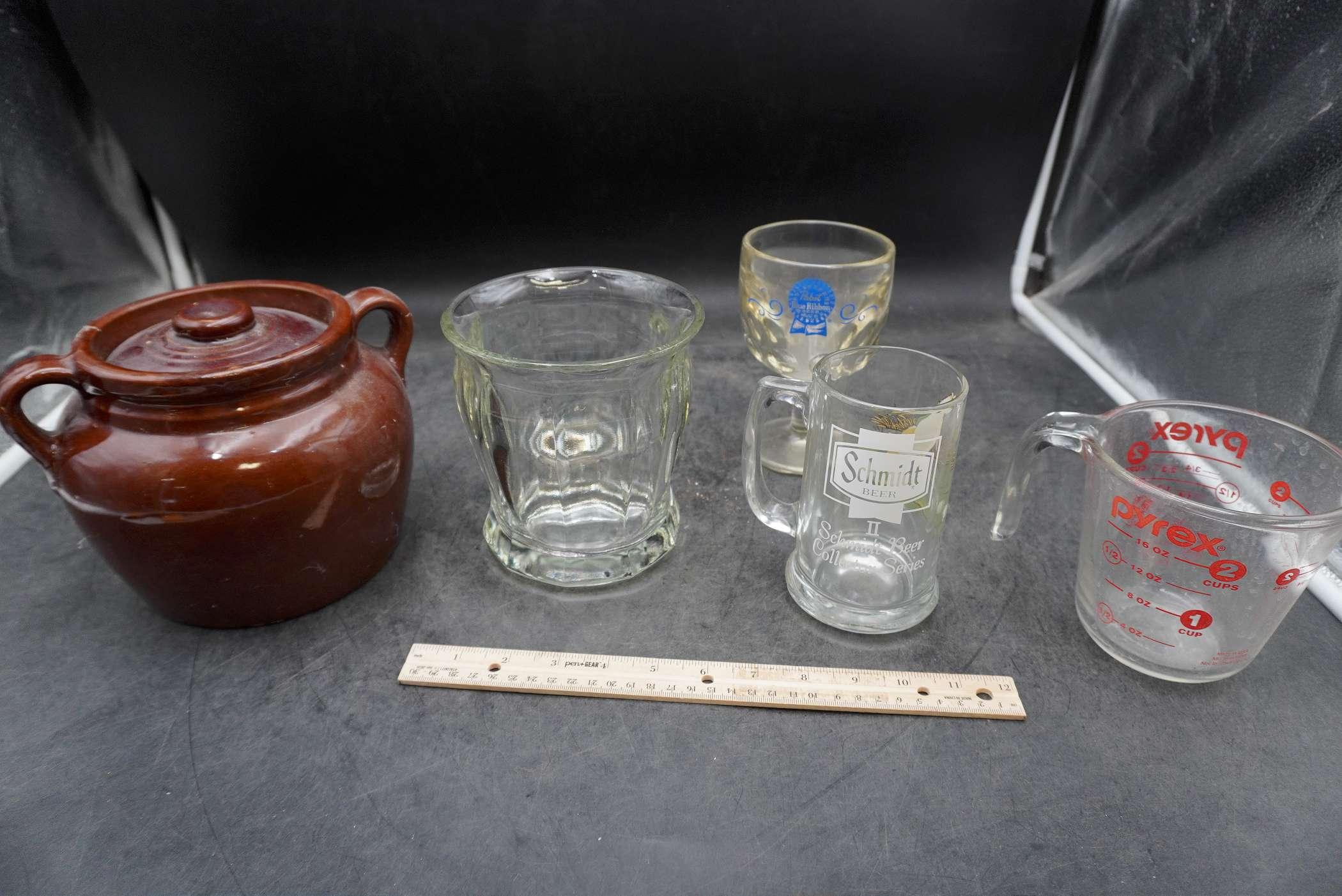 Crock Container, Beer Glasses, Pyrex Measuring Cup & Glass Dish