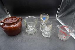 Crock Container, Beer Glasses, Pyrex Measuring Cup & Glass Dish