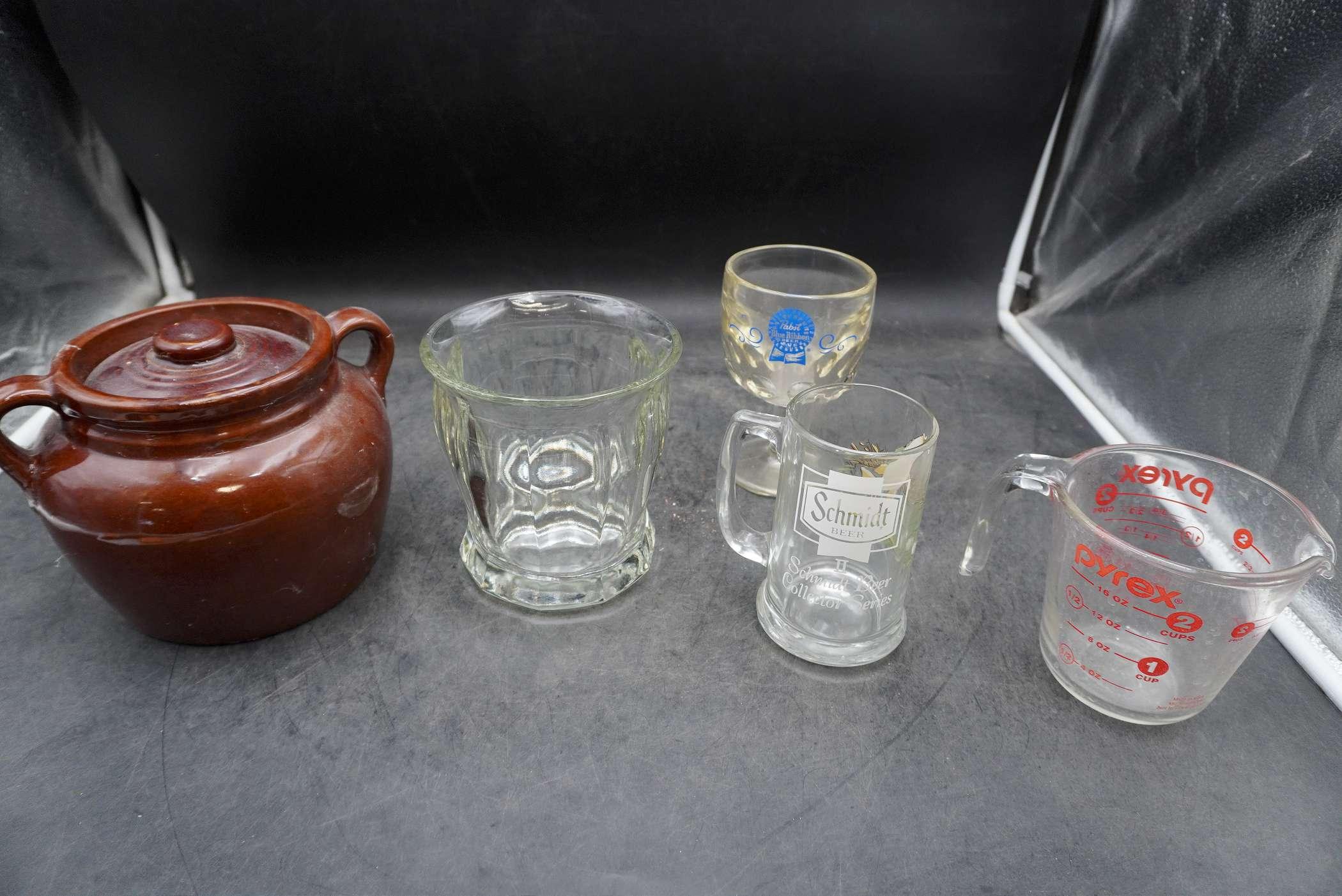 Crock Container, Beer Glasses, Pyrex Measuring Cup & Glass Dish