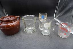 Crock Container, Beer Glasses, Pyrex Measuring Cup & Glass Dish