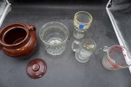 Crock Container, Beer Glasses, Pyrex Measuring Cup & Glass Dish