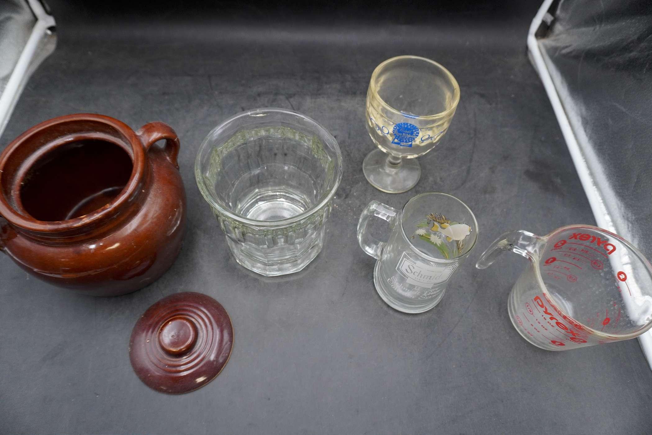 Crock Container, Beer Glasses, Pyrex Measuring Cup & Glass Dish