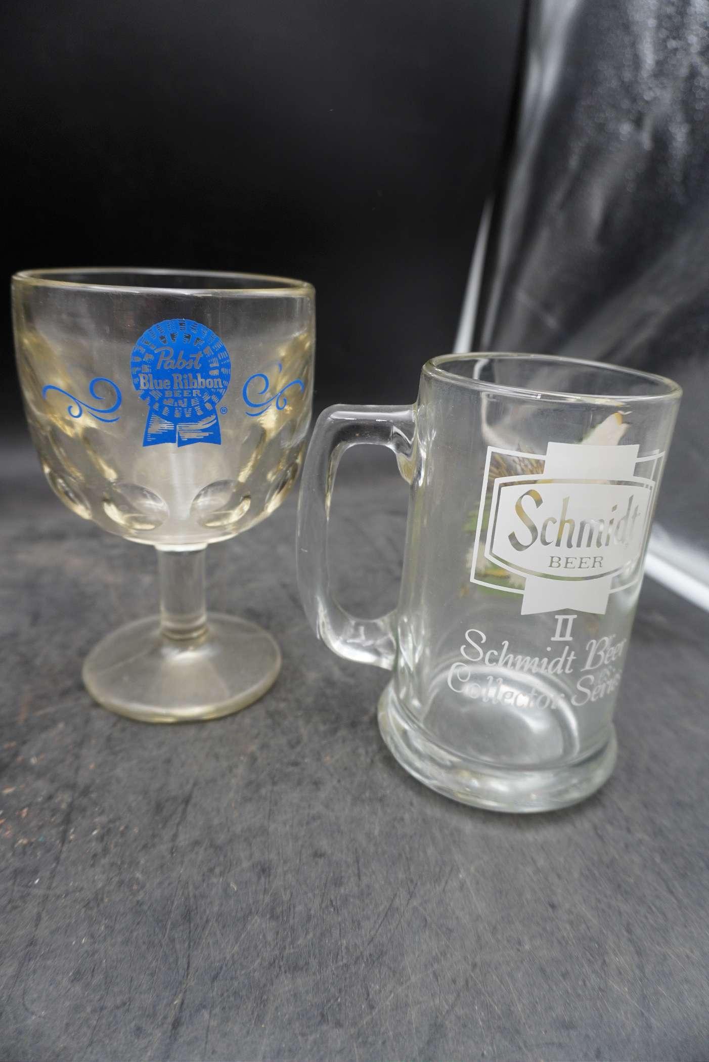 Crock Container, Beer Glasses, Pyrex Measuring Cup & Glass Dish