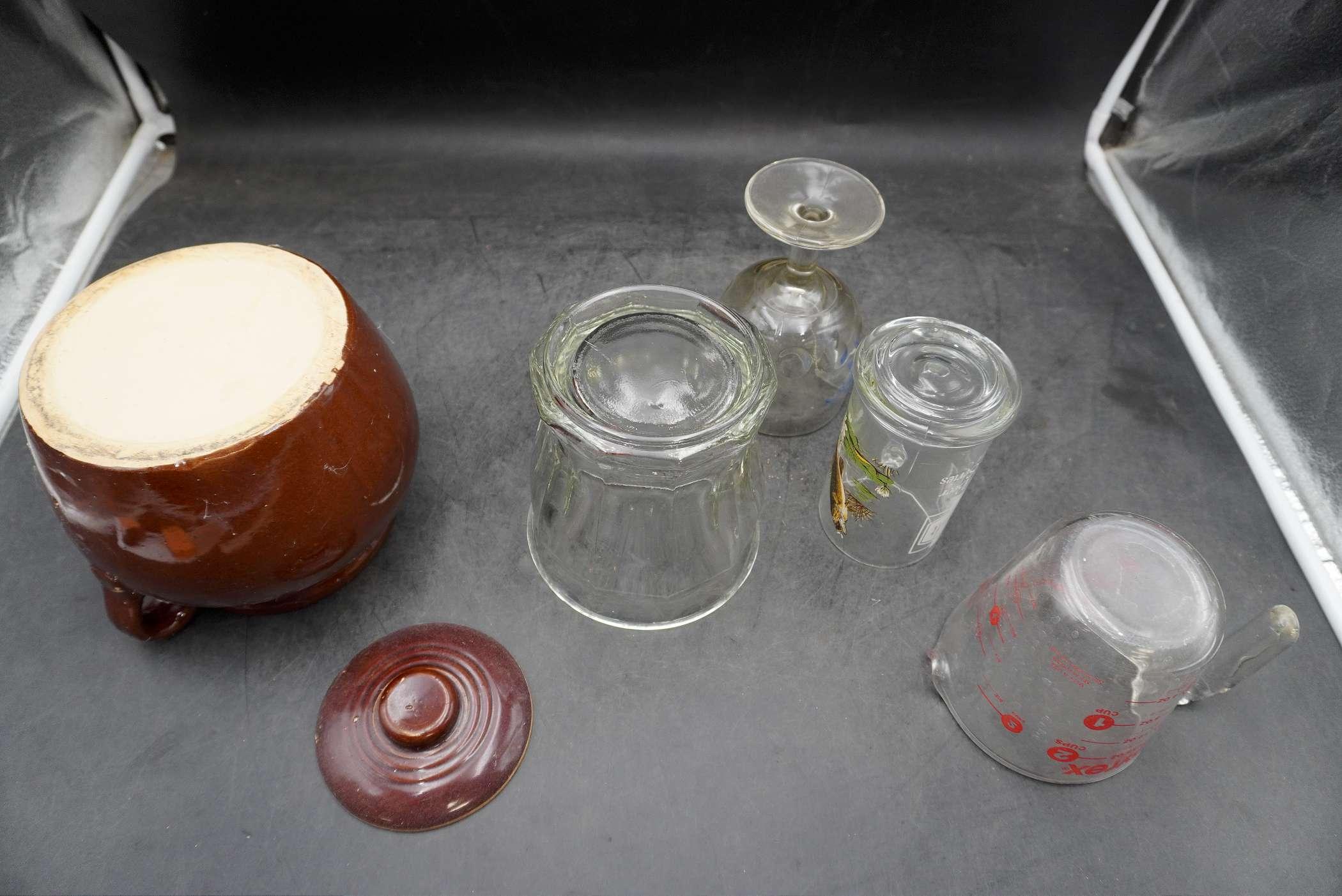 Crock Container, Beer Glasses, Pyrex Measuring Cup & Glass Dish
