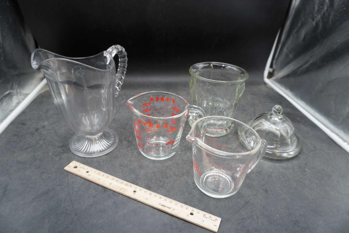 Glass Pitcher, Pyrex Measuring Cup, Fire-King Measuring Cup, Glass Dish W/ Lid