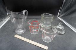 Glass Pitcher, Pyrex Measuring Cup, Fire-King Measuring Cup, Glass Dish W/ Lid