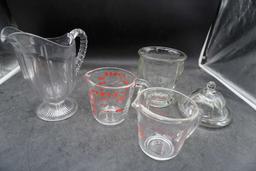 Glass Pitcher, Pyrex Measuring Cup, Fire-King Measuring Cup, Glass Dish W/ Lid