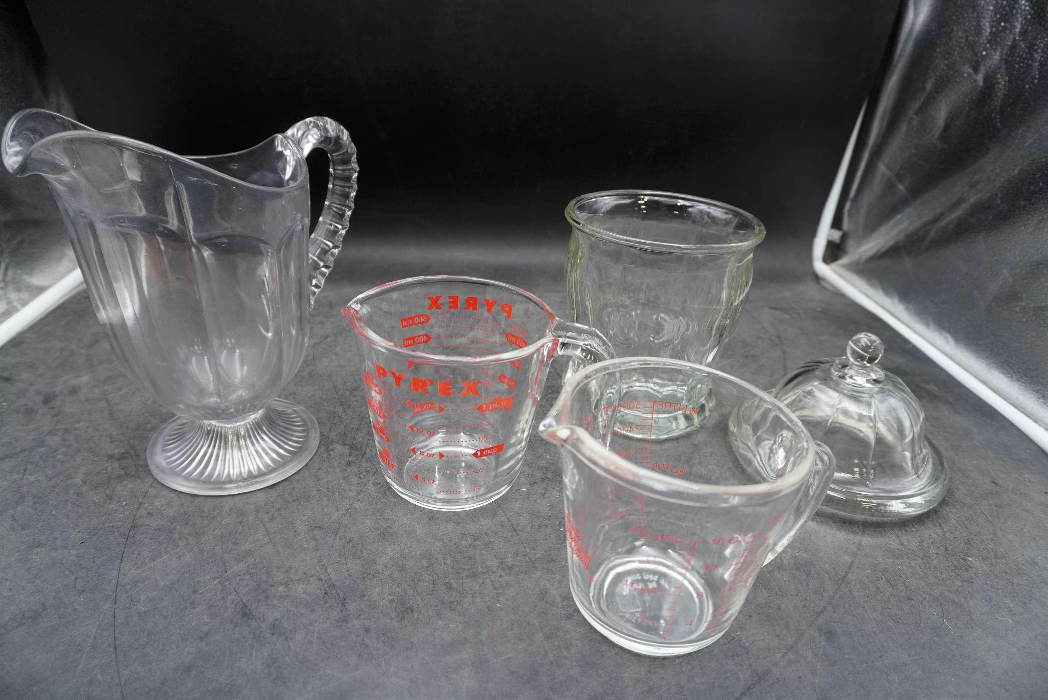 Glass Pitcher, Pyrex Measuring Cup, Fire-King Measuring Cup, Glass Dish W/ Lid