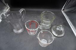 Glass Pitcher, Pyrex Measuring Cup, Fire-King Measuring Cup, Glass Dish W/ Lid