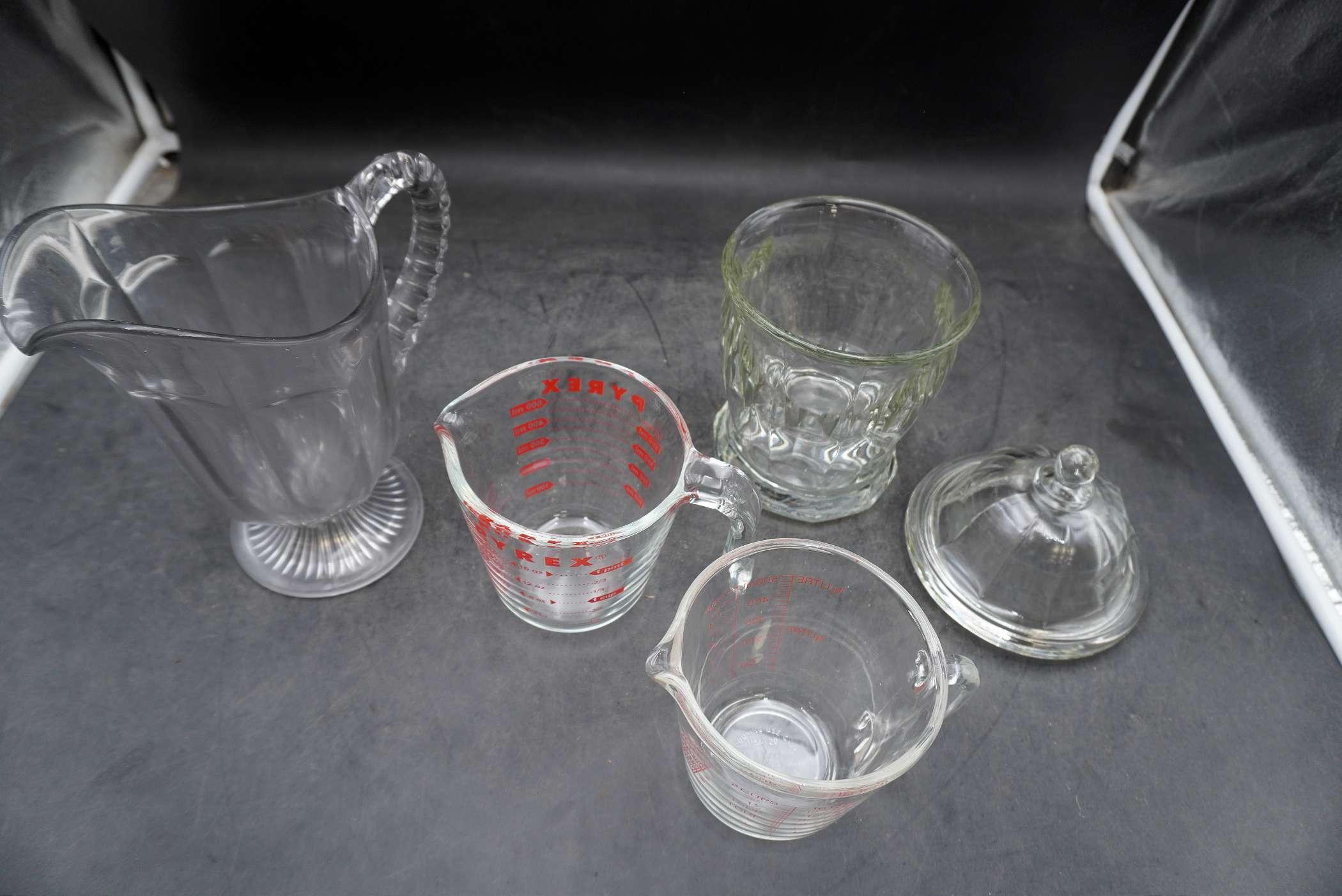 Glass Pitcher, Pyrex Measuring Cup, Fire-King Measuring Cup, Glass Dish W/ Lid