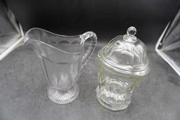 Glass Pitcher, Pyrex Measuring Cup, Fire-King Measuring Cup, Glass Dish W/ Lid