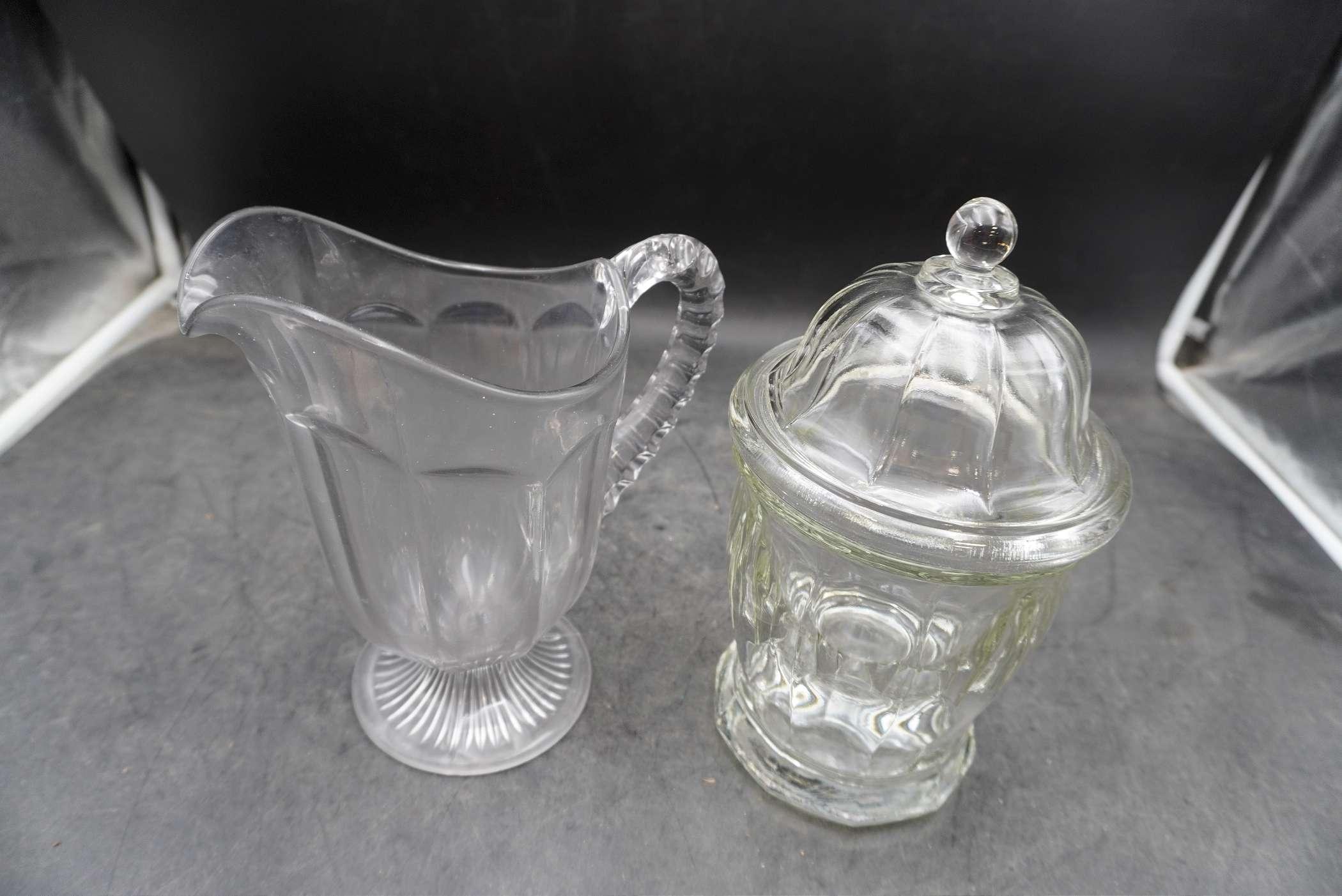 Glass Pitcher, Pyrex Measuring Cup, Fire-King Measuring Cup, Glass Dish W/ Lid