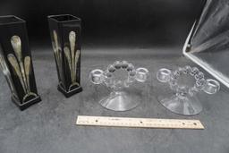 2 Glass Candlestick Holders & 2 Vases (With Inlaid Mother Of Pearl)