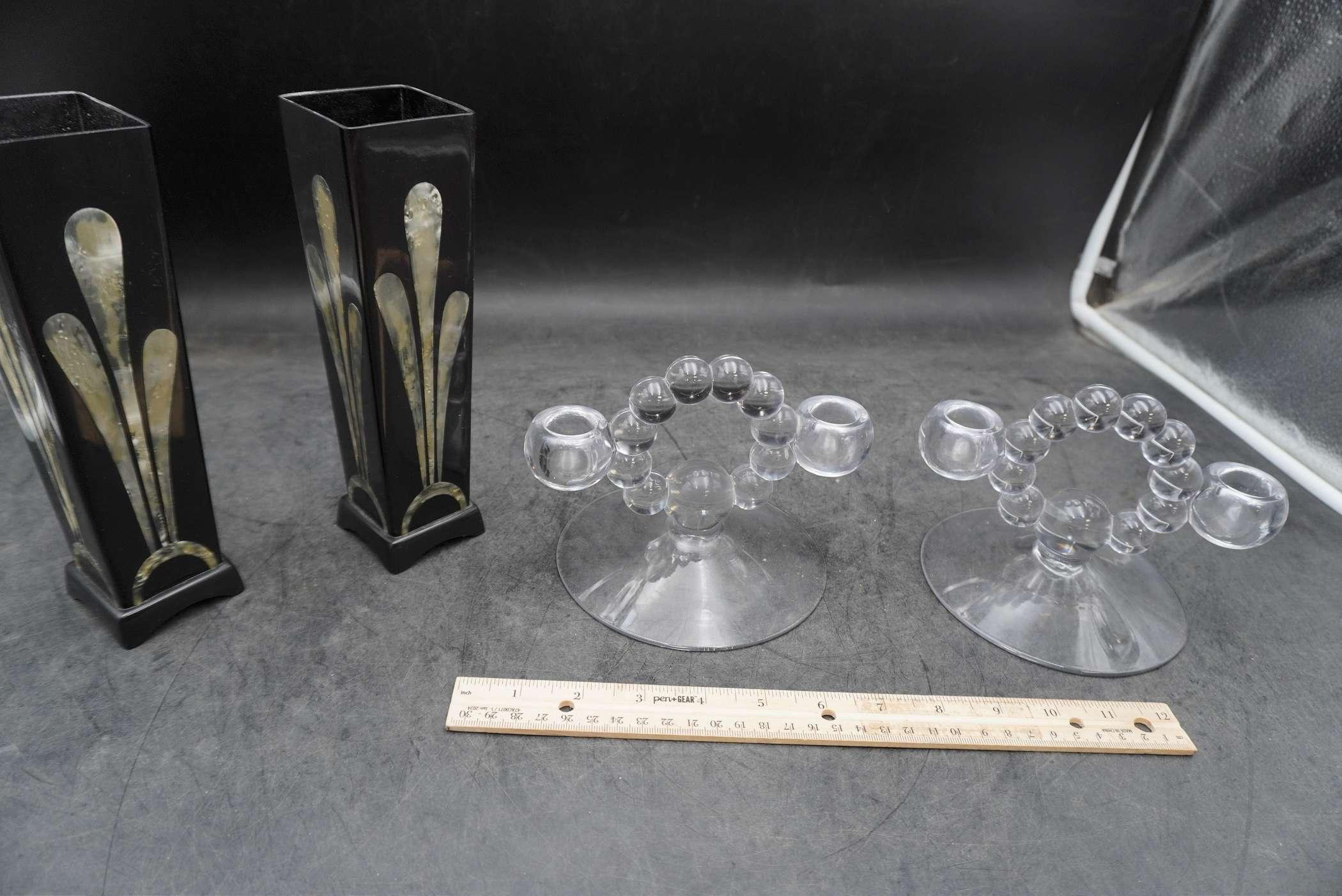 2 Glass Candlestick Holders & 2 Vases (With Inlaid Mother Of Pearl)