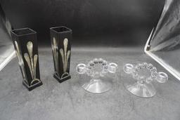 2 Glass Candlestick Holders & 2 Vases (With Inlaid Mother Of Pearl)