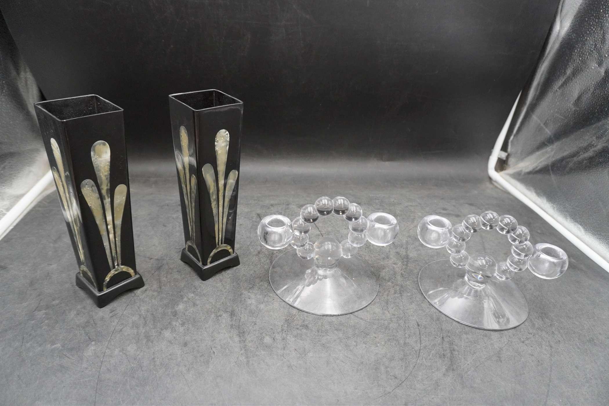 2 Glass Candlestick Holders & 2 Vases (With Inlaid Mother Of Pearl)